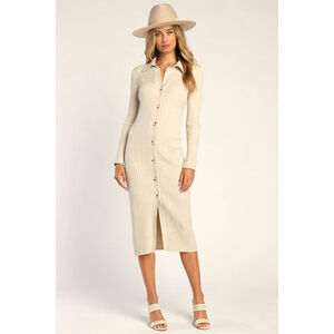 Lulus Everyday Admiration Cream Ribbed Button-front Midi Sweater Dress